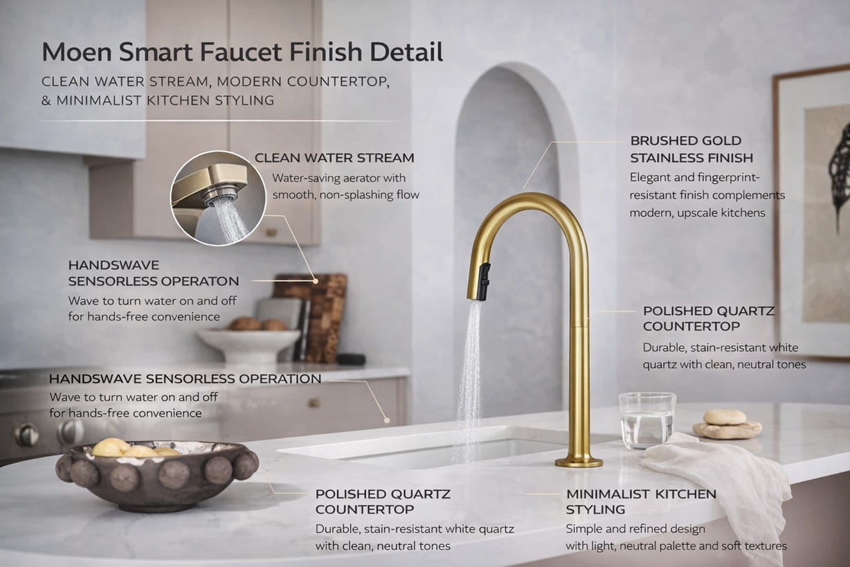 Moen smart faucet finish detail with clean water stream, modern countertop, and minimalist kitchen styling