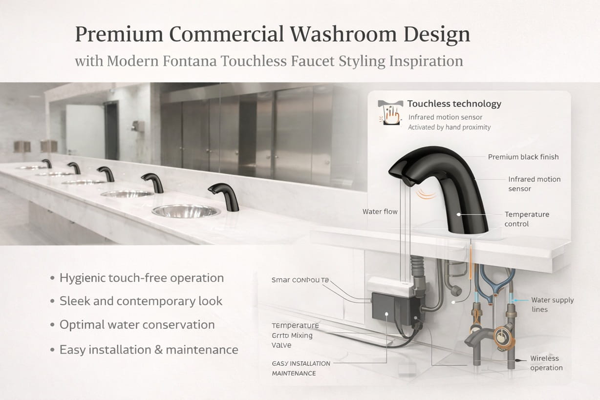 Premium commercial washroom design with modern Fontana touchless faucet styling inspiration