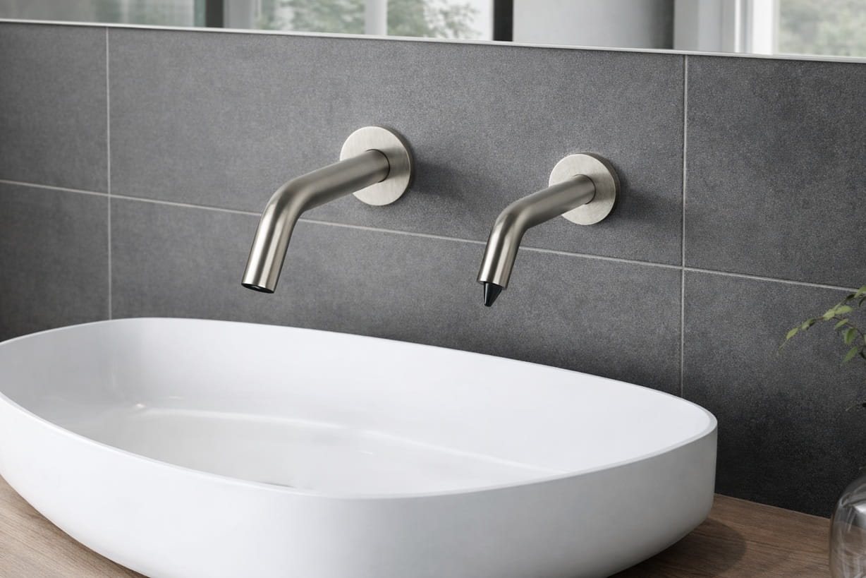 Touchless smart faucet in a modern commercial restroom designed for water efficiency and intelligent building performance