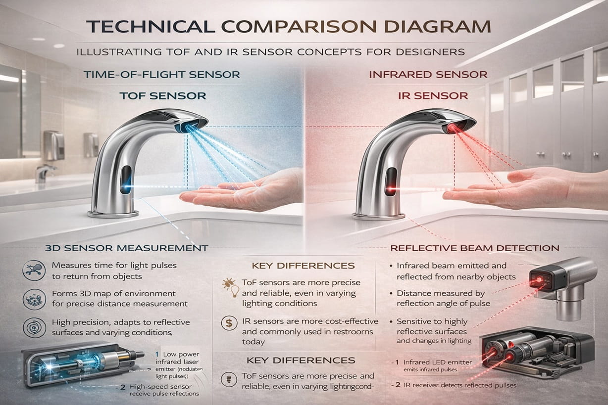 Technical comparison diagram illustrating ToF and IR sensor concepts for designers