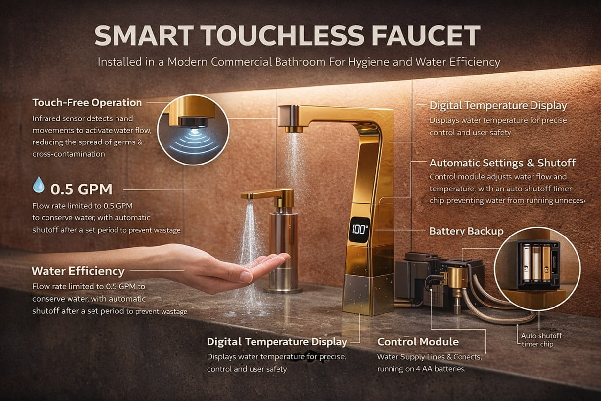 Smart touchless faucet installed in a modern commercial bathroom for hygiene and water efficiency