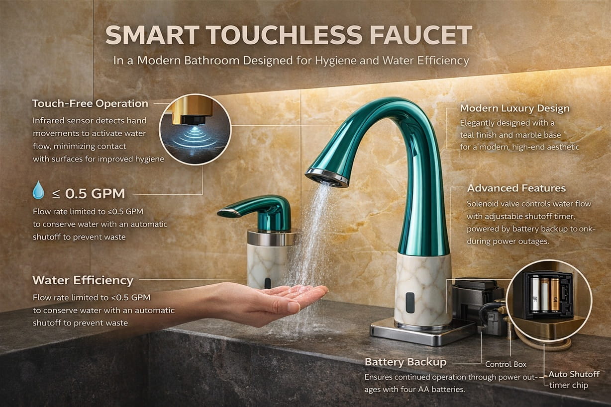 Smart touchless faucet in a modern bathroom designed for hygiene and water efficiency