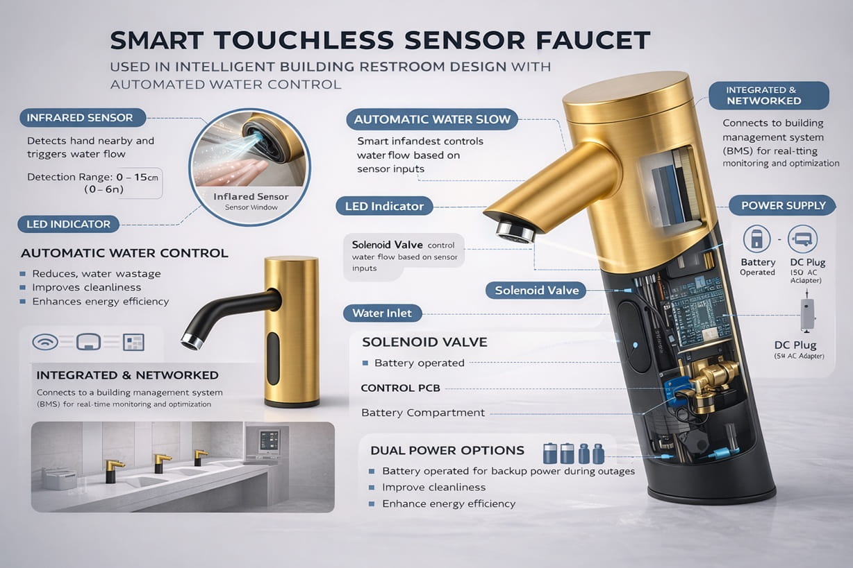 Smart touchless sensor faucet used in intelligent building restroom design with automated water control