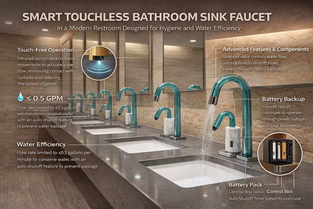 Smart touchless bathroom sink faucet in a modern restroom designed for hygiene and water efficiency