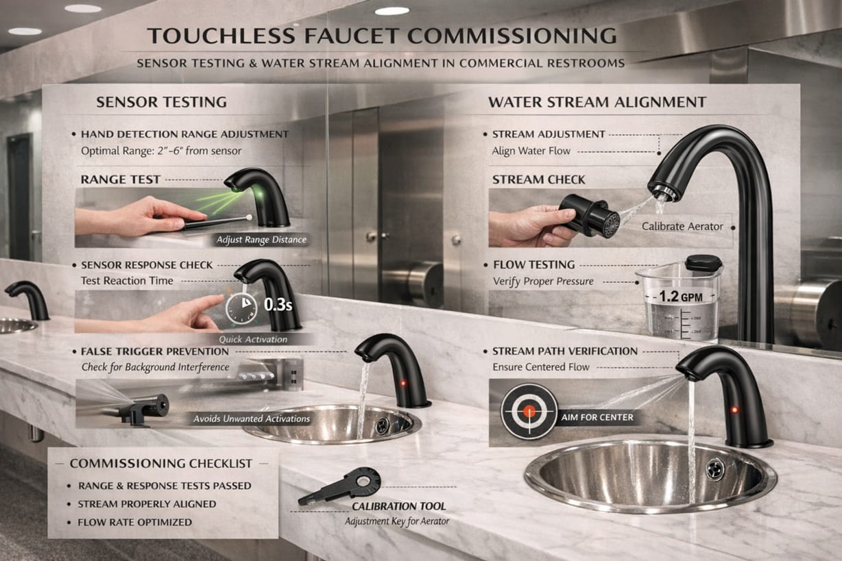 Touchless faucet commissioning in a modern commercial restroom with sensor testing and water stream alignment