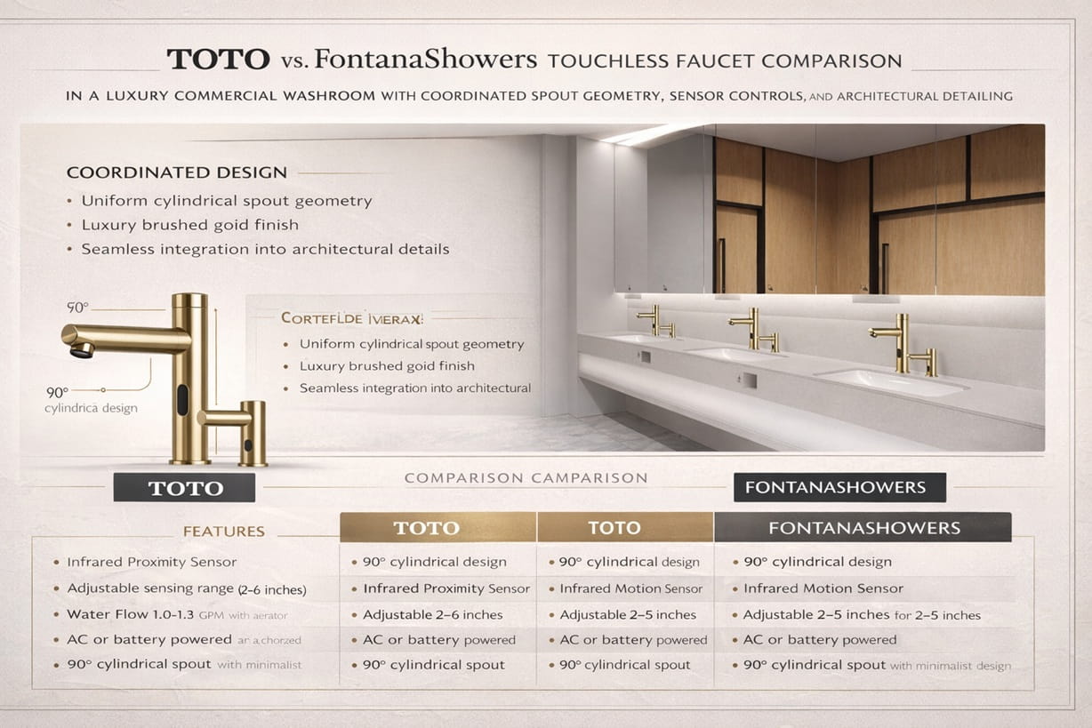 Toto and FontanaShowers touchless faucet comparison in a luxury commercial washroom with coordinated spout geometry, sensor controls, and architectural detailing