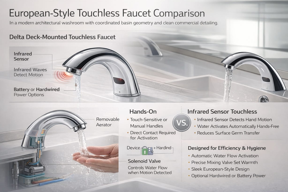 European-style touchless faucet comparison in a modern architectural washroom with coordinated basin geometry and clean commercial detailing