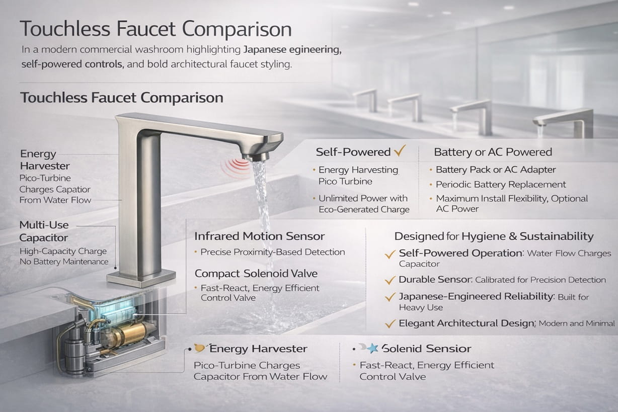 Touchless faucet comparison in a modern commercial washroom highlighting Japanese engineering, self-powered controls, and bold architectural faucet styling