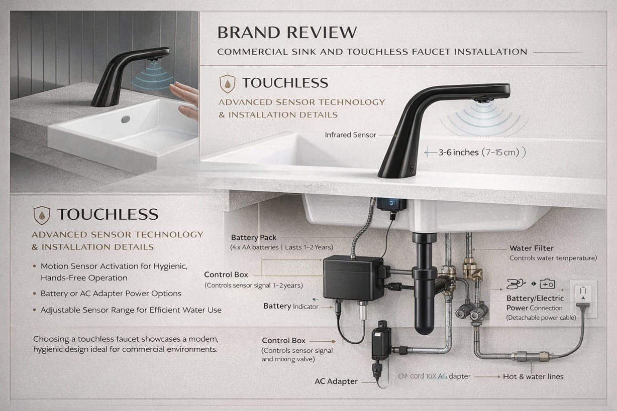 Brand review fixture showcase with commercial sink and touchless faucet installation