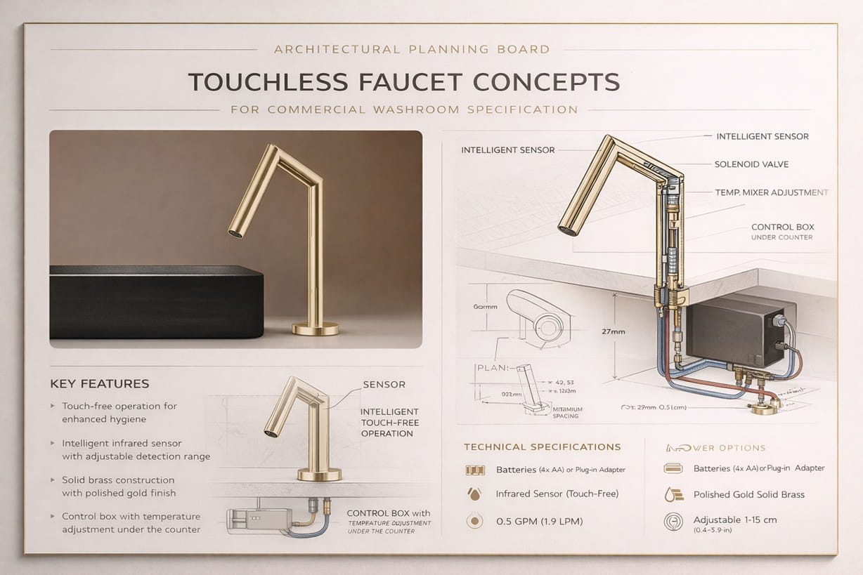 Architectural planning board featuring touchless faucet concepts for commercial washroom specification
