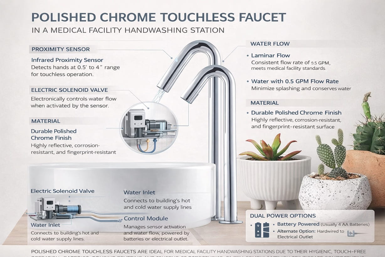Polished chrome touchless faucet in a medical facility handwashing station