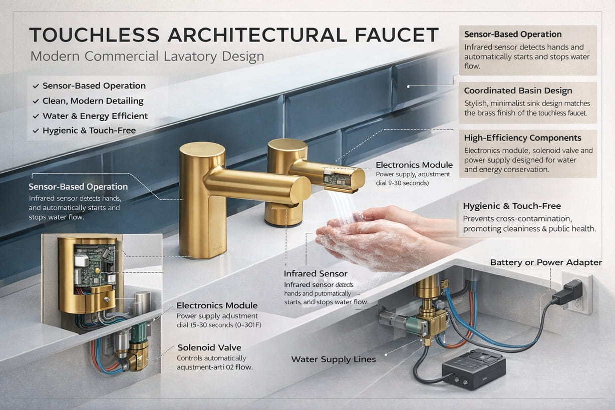 Touchless architectural faucet in a modern commercial lavatory showing clean detailing, sensor-based operation, and coordinated basin design