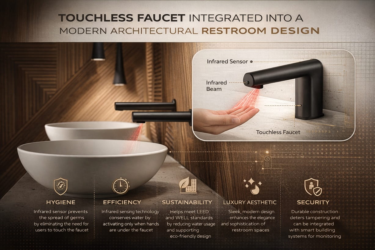 Touchless faucet integrated into a modern architectural restroom design