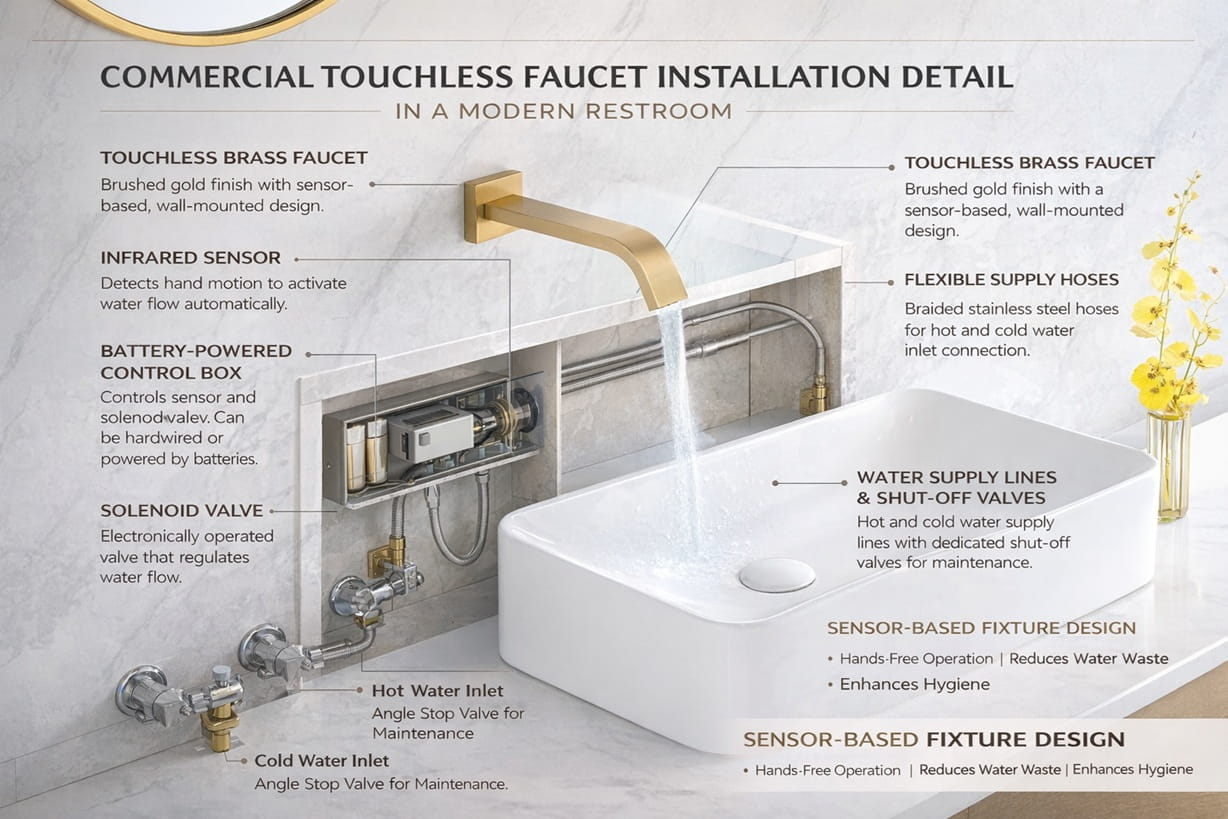 Commercial touchless faucet installation detail in a modern restroom with sensor-based fixture design