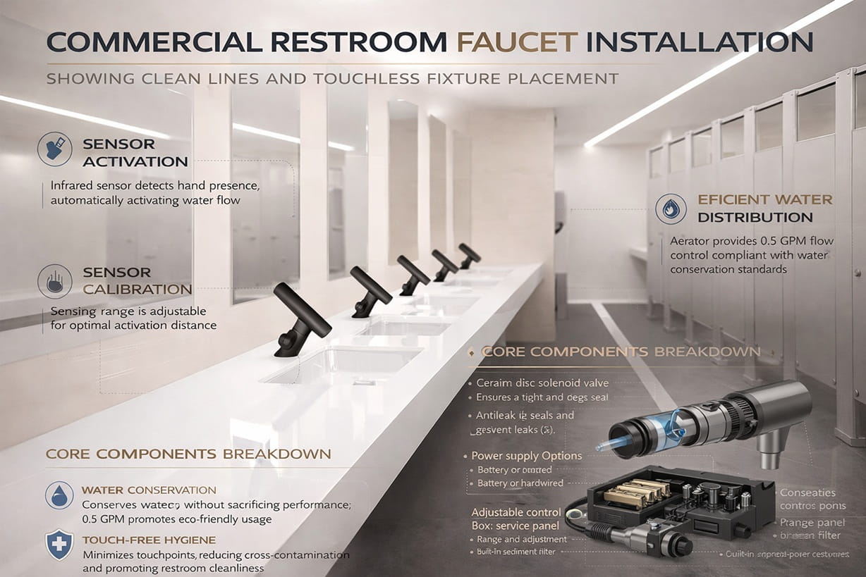 Commercial restroom faucet installation showing clean lines and touchless fixture placement