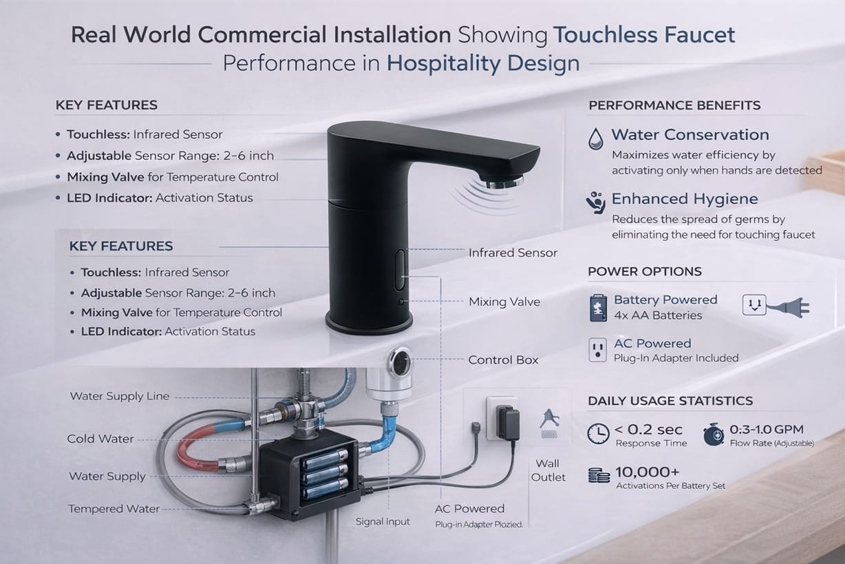 Real world commercial installation showing touchless faucet performance in hospitality design