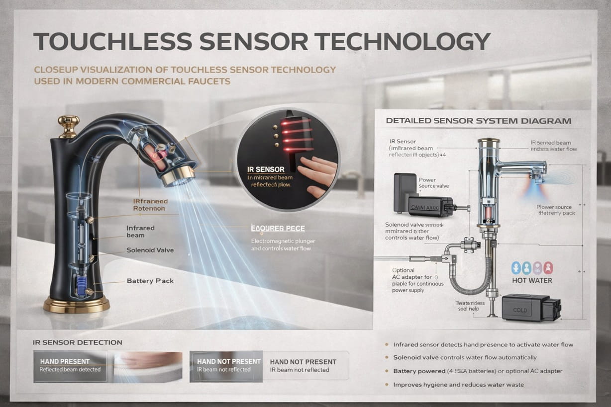 Closeup visualization of touchless sensor technology used in modern commercial faucets