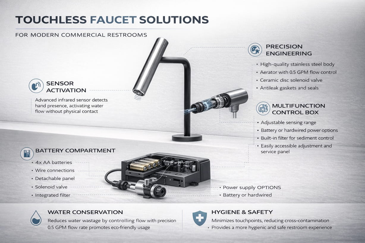 Touchless faucet installed in a modern commercial restroom