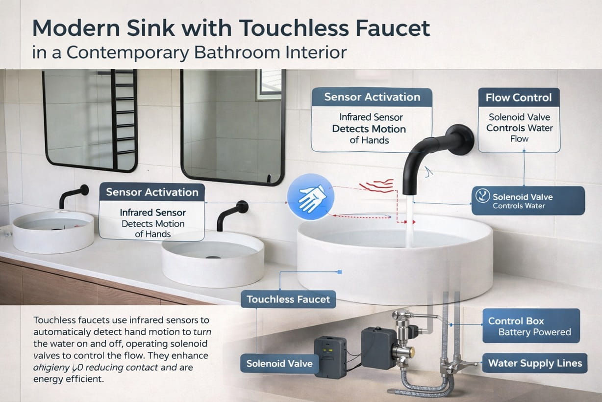 modern sink with touchless faucet in a contemporary bathroom interior