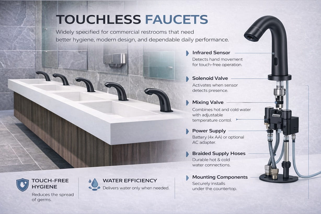 modern commercial restroom with touchless faucet and contemporary sink design