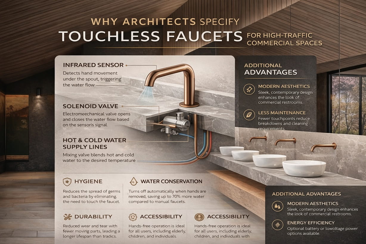 commercial restroom with modern touchless sensor faucet for architects and designers