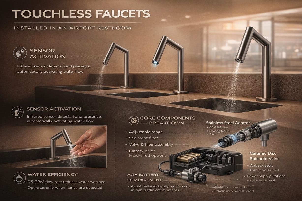 Touchless faucets installed in an airport restroom