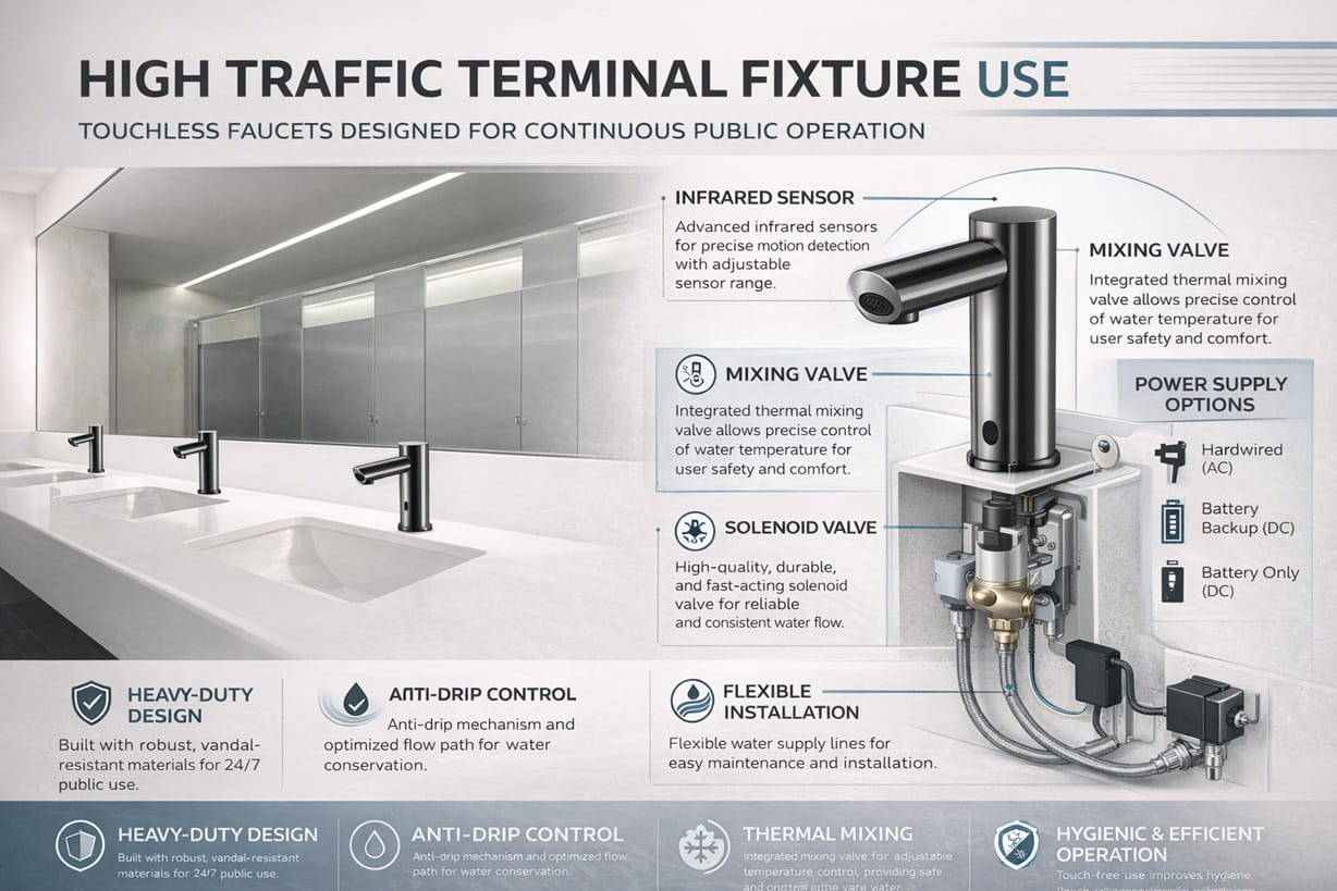 High traffic terminal fixture use with touchless faucets designed for continuous public operation