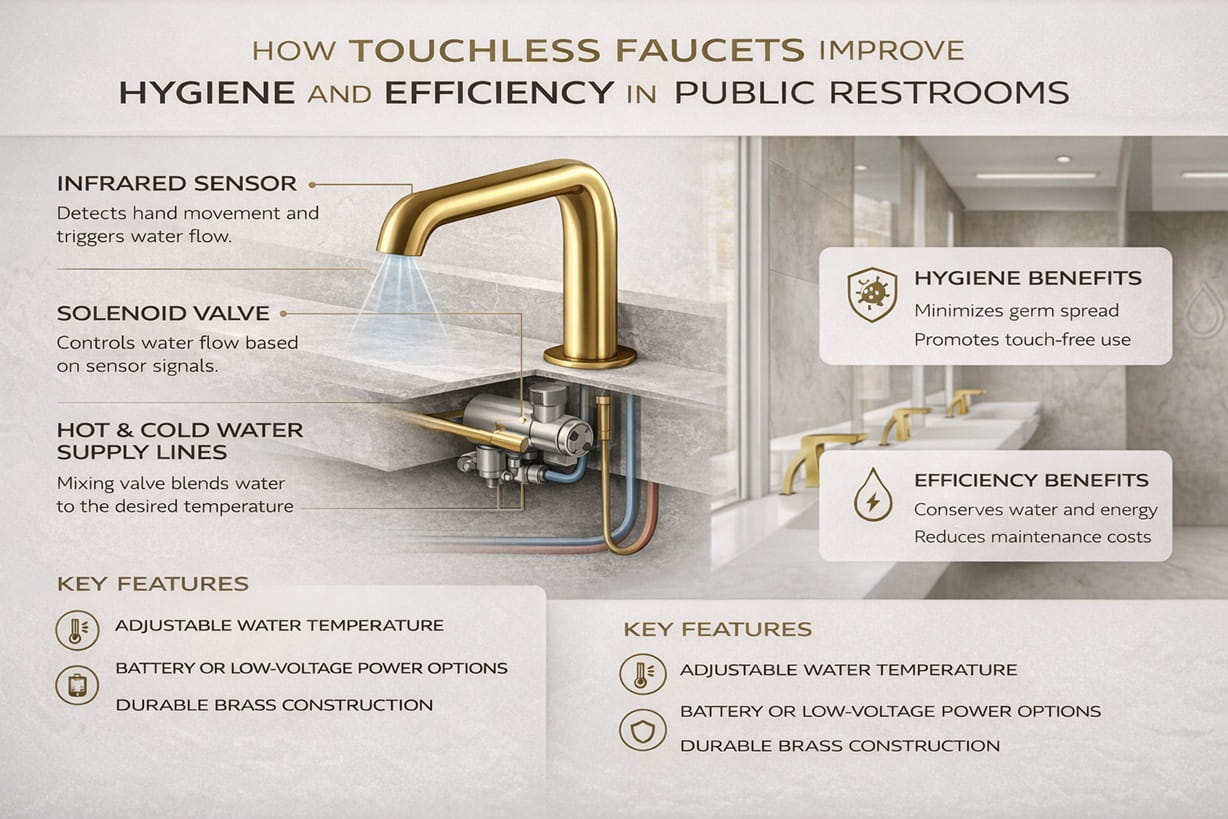 modern commercial restroom with matte black touchless faucet used in architectural projects