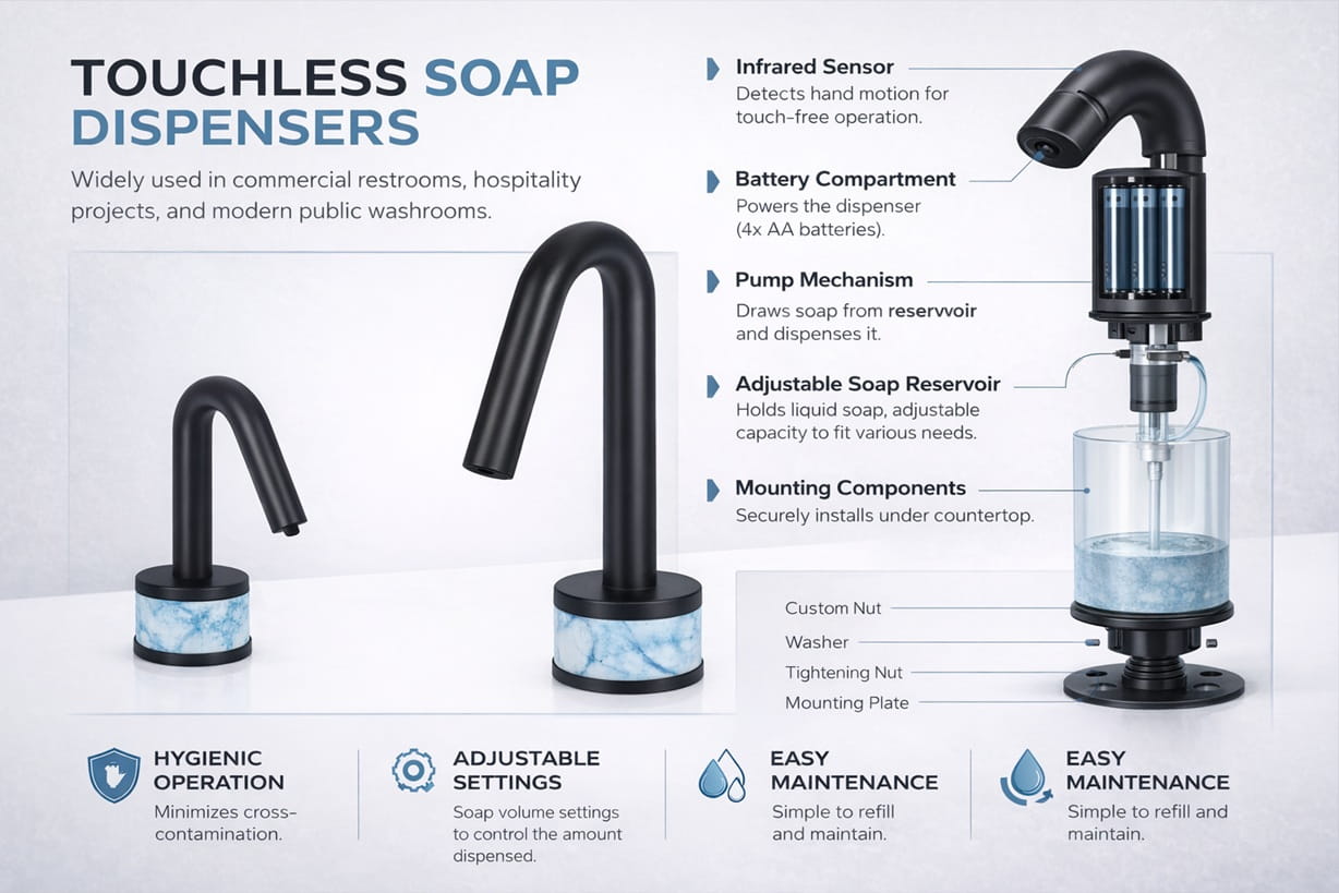 modern commercial restroom with touchless automatic soap dispenser and contemporary sink design