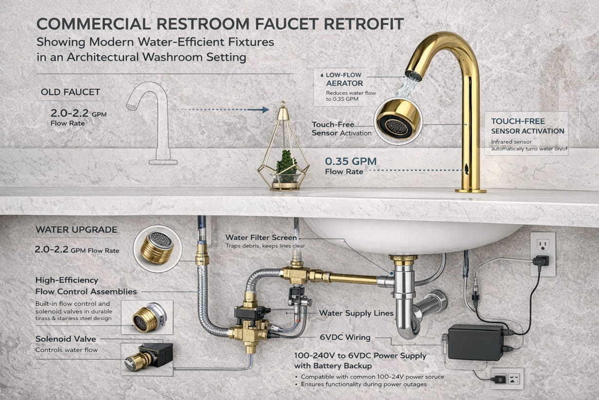 Commercial restroom faucet retrofit showing modern water-efficient fixtures in an architectural washroom setting