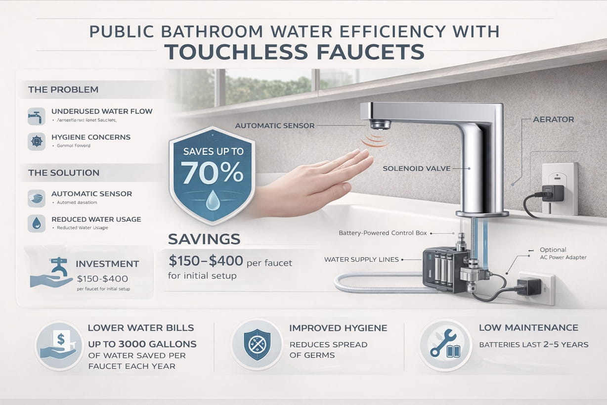 Public bathroom water efficiency with touchless faucets