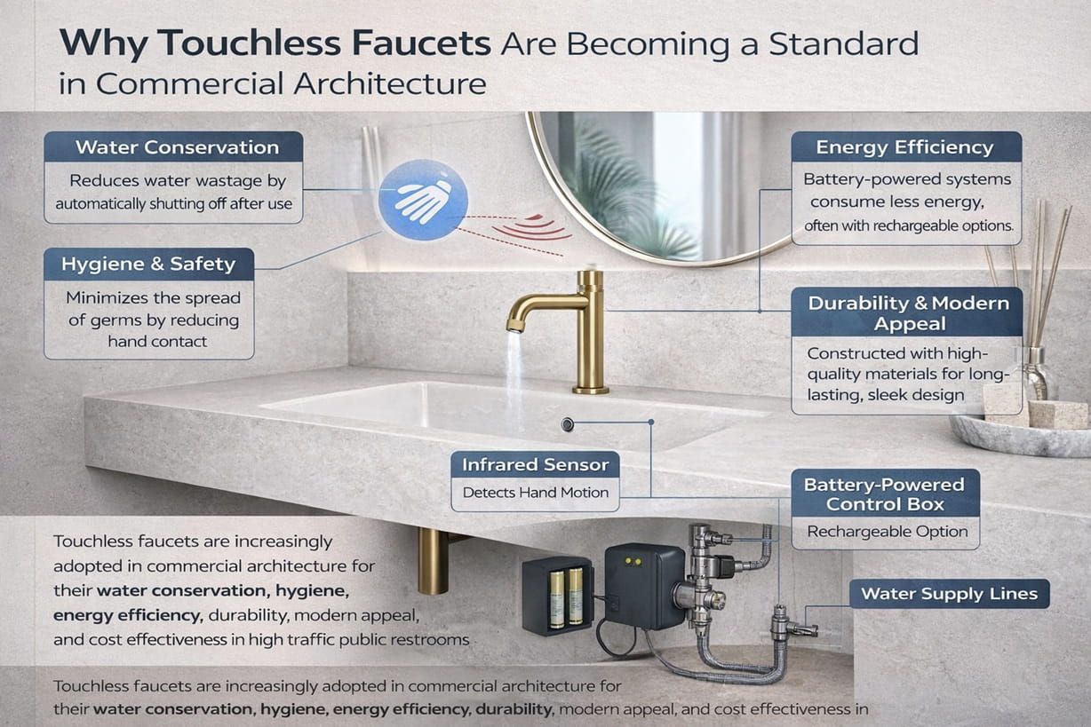 modern commercial restroom with automatic touchless faucet used in architectural design projects