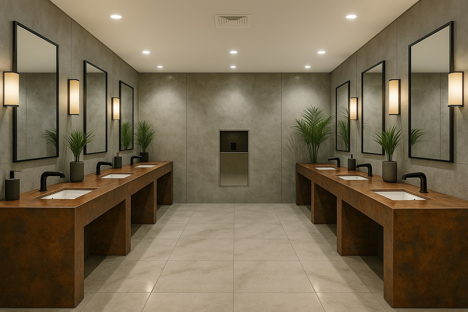 Architectural commercial bathroom with premium touchless faucet fixtures