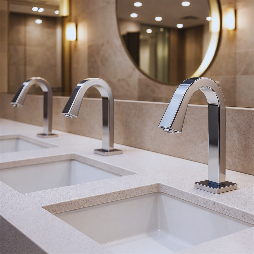 Hardwired commercial touchless faucet installation in a legacy airport restroom renovation project
