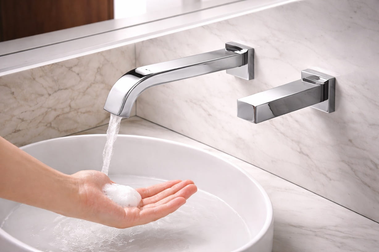 High-traffic airport public restroom with multiple touchless faucets in a wide ADA-accessible sink counter
