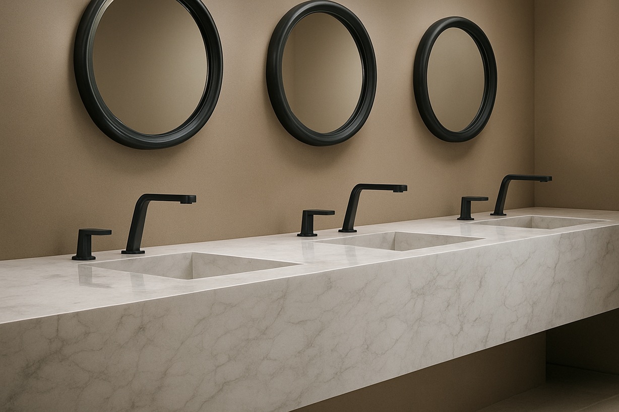 Maintenance-ready public facility restroom with durable touchless fixtures