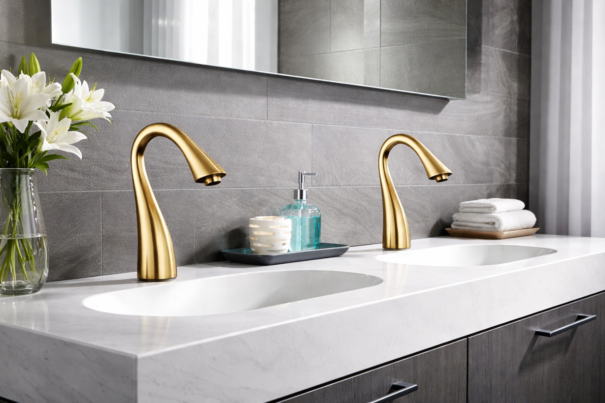 Premium airport lounge restroom with sleek touchless faucet design and coordinated blue-toned interior details