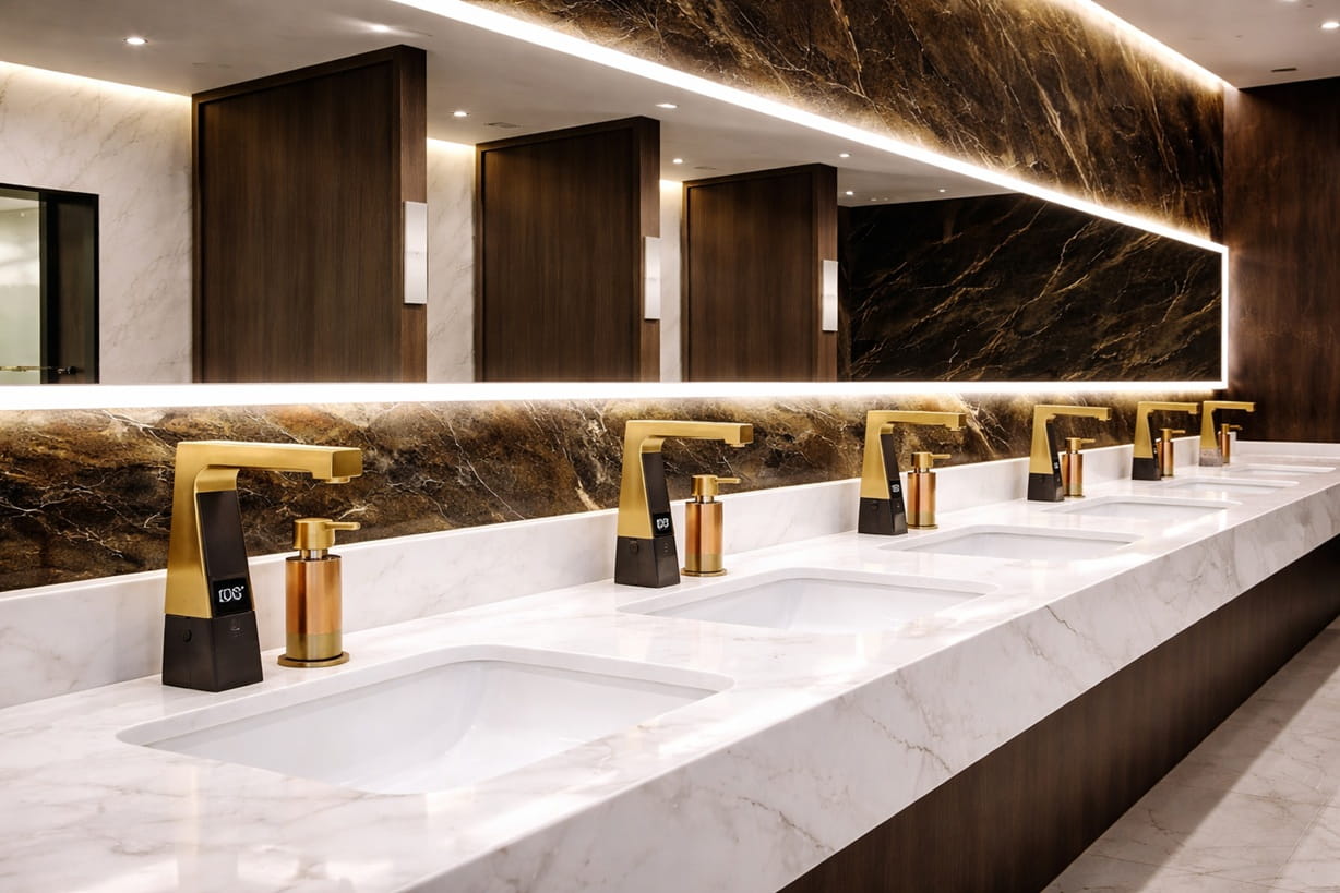 Commercial restroom specification documents with code-compliant touchless faucet layout for airport project planning