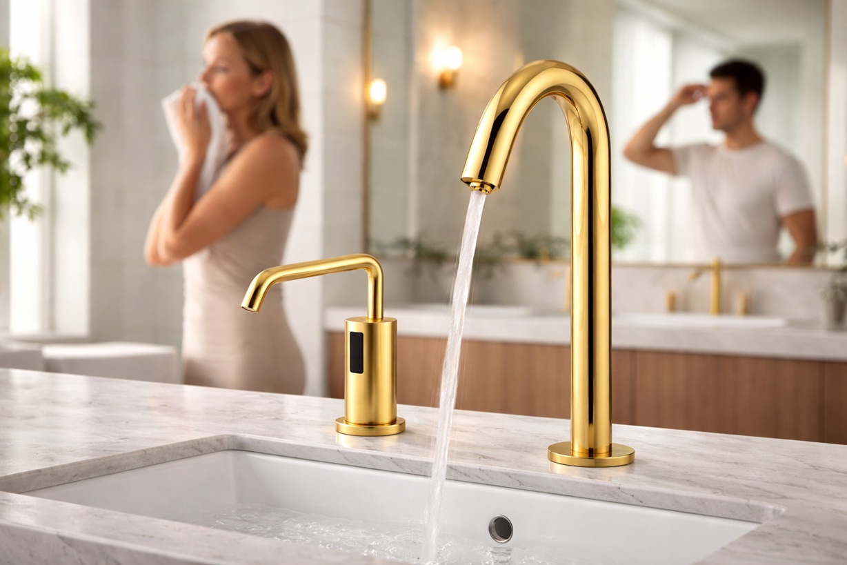 Commercial faucet power setup showing battery pack and AC power options