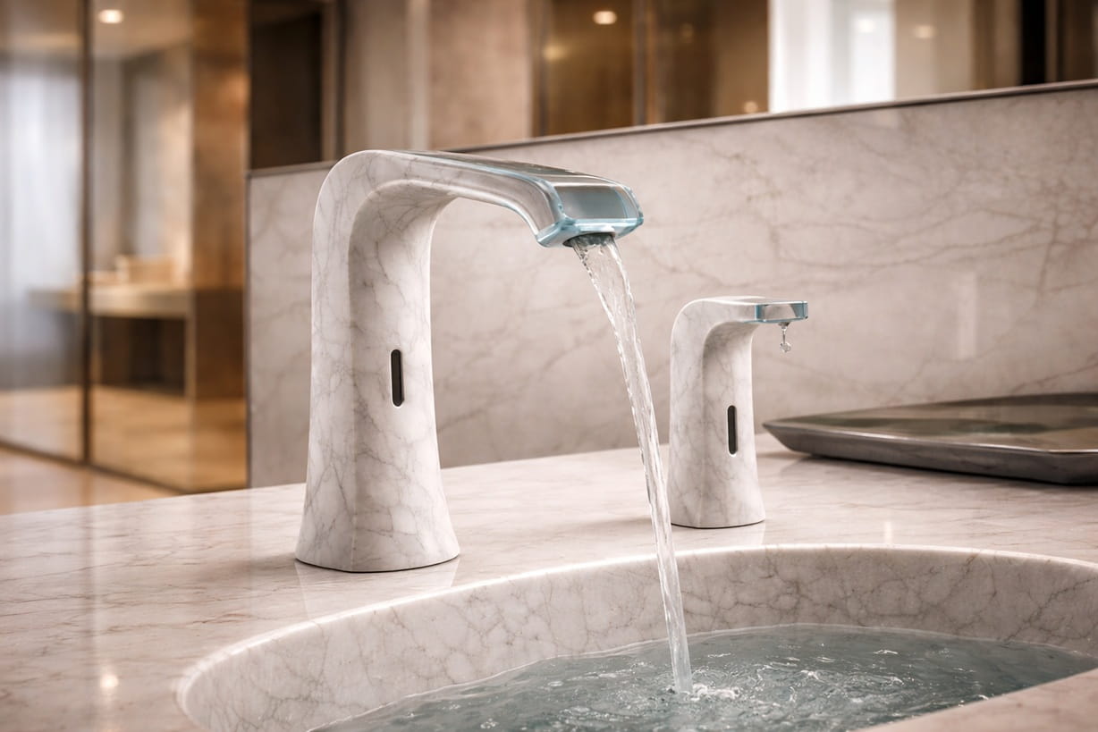 Under-sink view of a commercial touchless faucet installation and control box