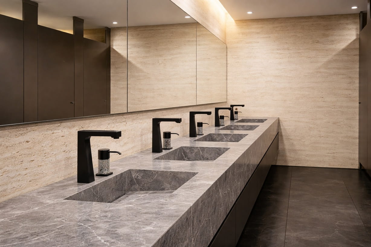 Architect-designed premium airport restroom with branded finishes and modern touchless sink fixtures