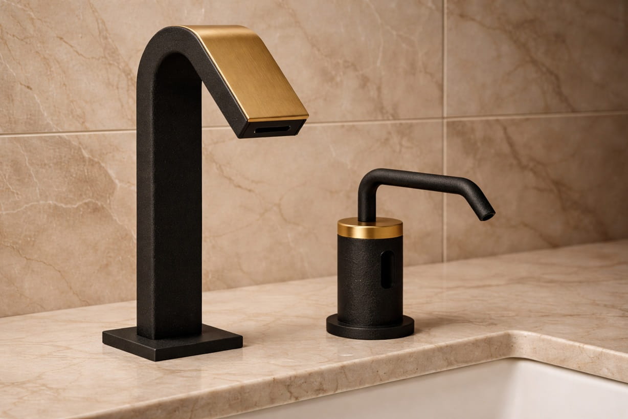 Close-up of sensor activated commercial faucet on a luxury hotel vanity
