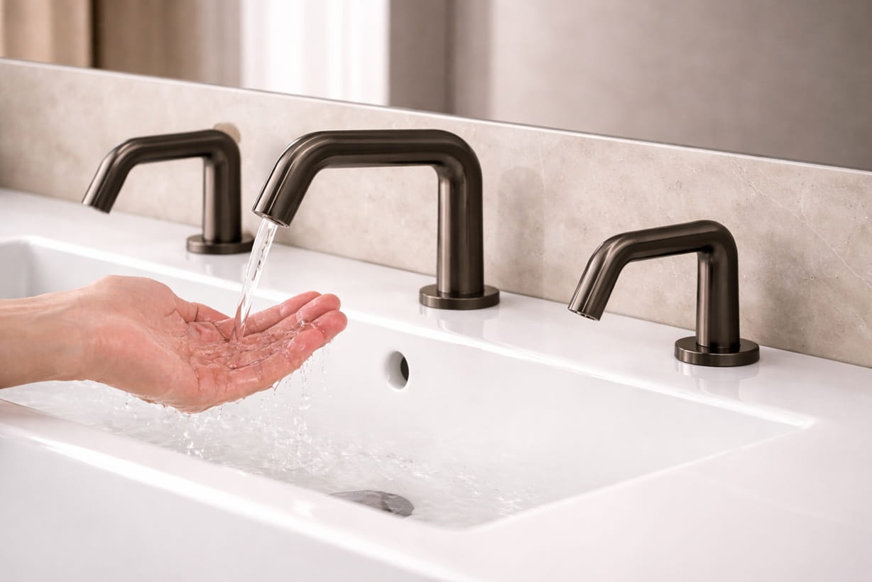 Matte black touchless faucet in a modern commercial washroom