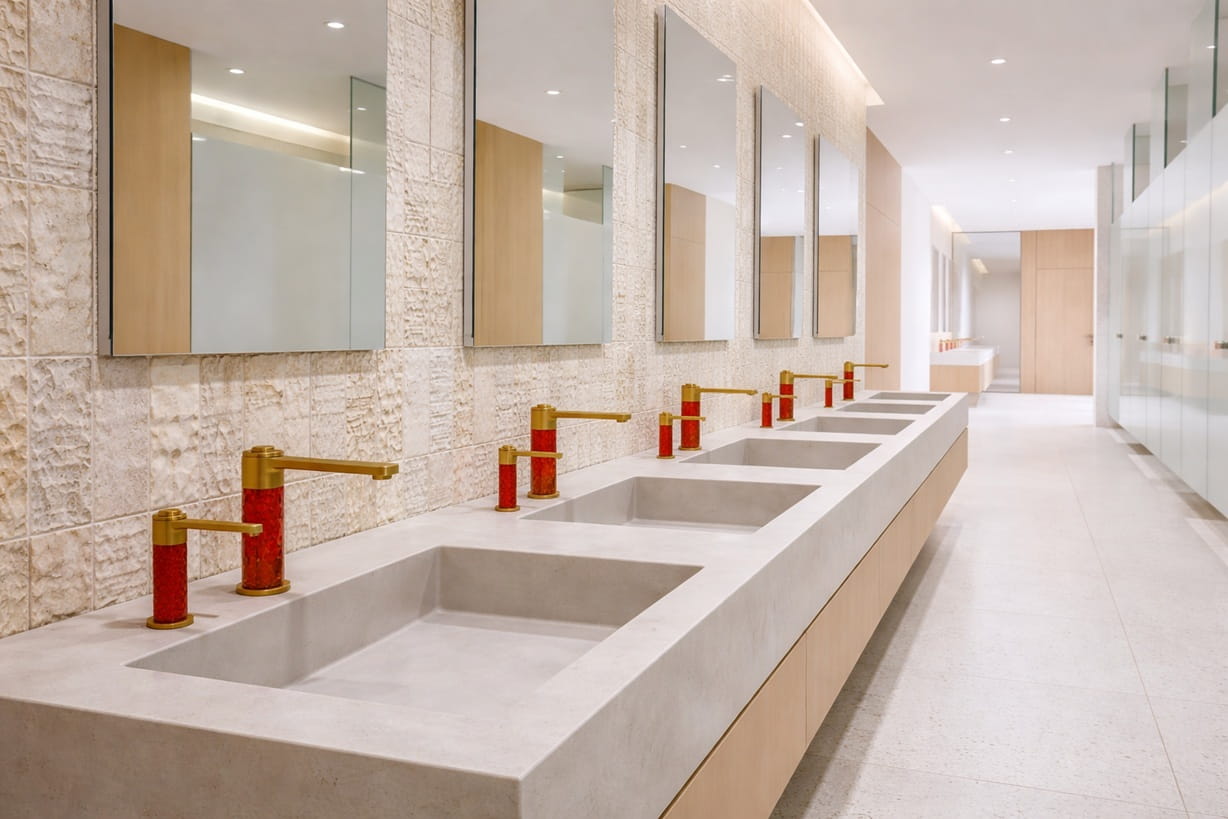 Hands-free commercial wash station supporting hygiene and reduced contact