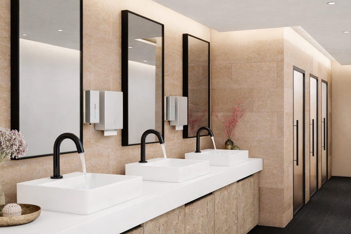 Commercial restroom interior showing coordinated sink and faucet design