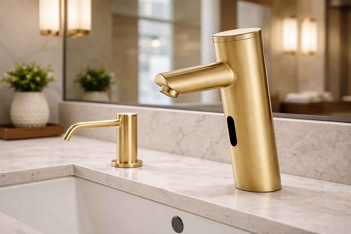 Historic luxury hotel corridor leading to renovated guest restroom facilities