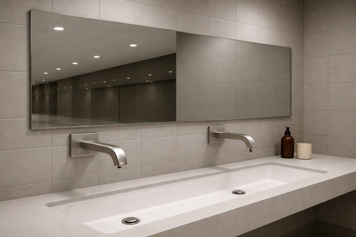 High-traffic airport restroom with rows of architectural touchless faucets and integrated lighting