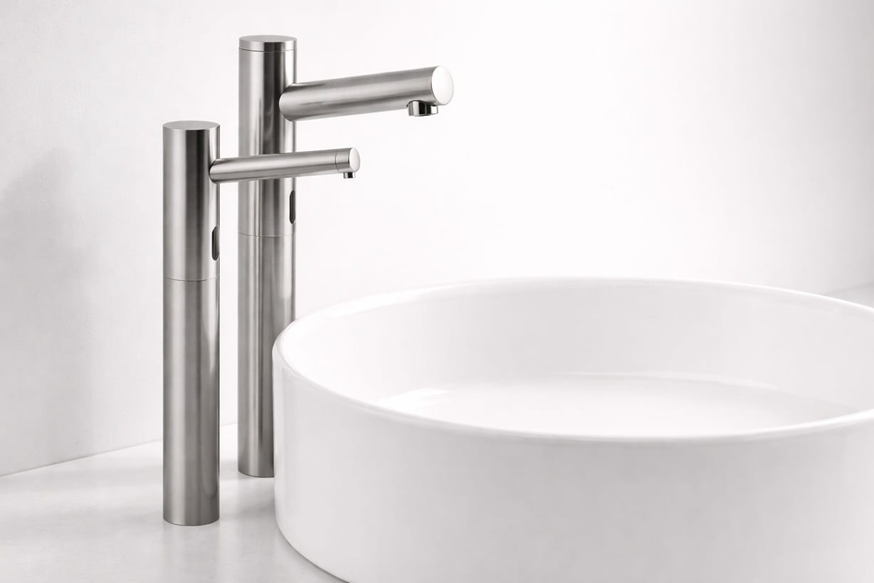 Commercial restroom water efficiency concept with touchless faucet and clean modern sink design