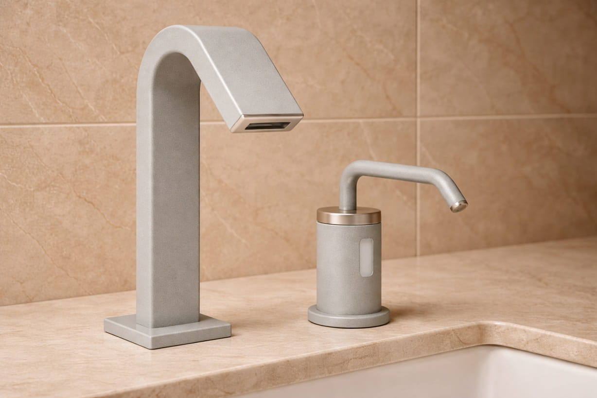 Spec-grade architectural touchless faucet installed in a modern commercial restroom with stone sink and blue accent lighting