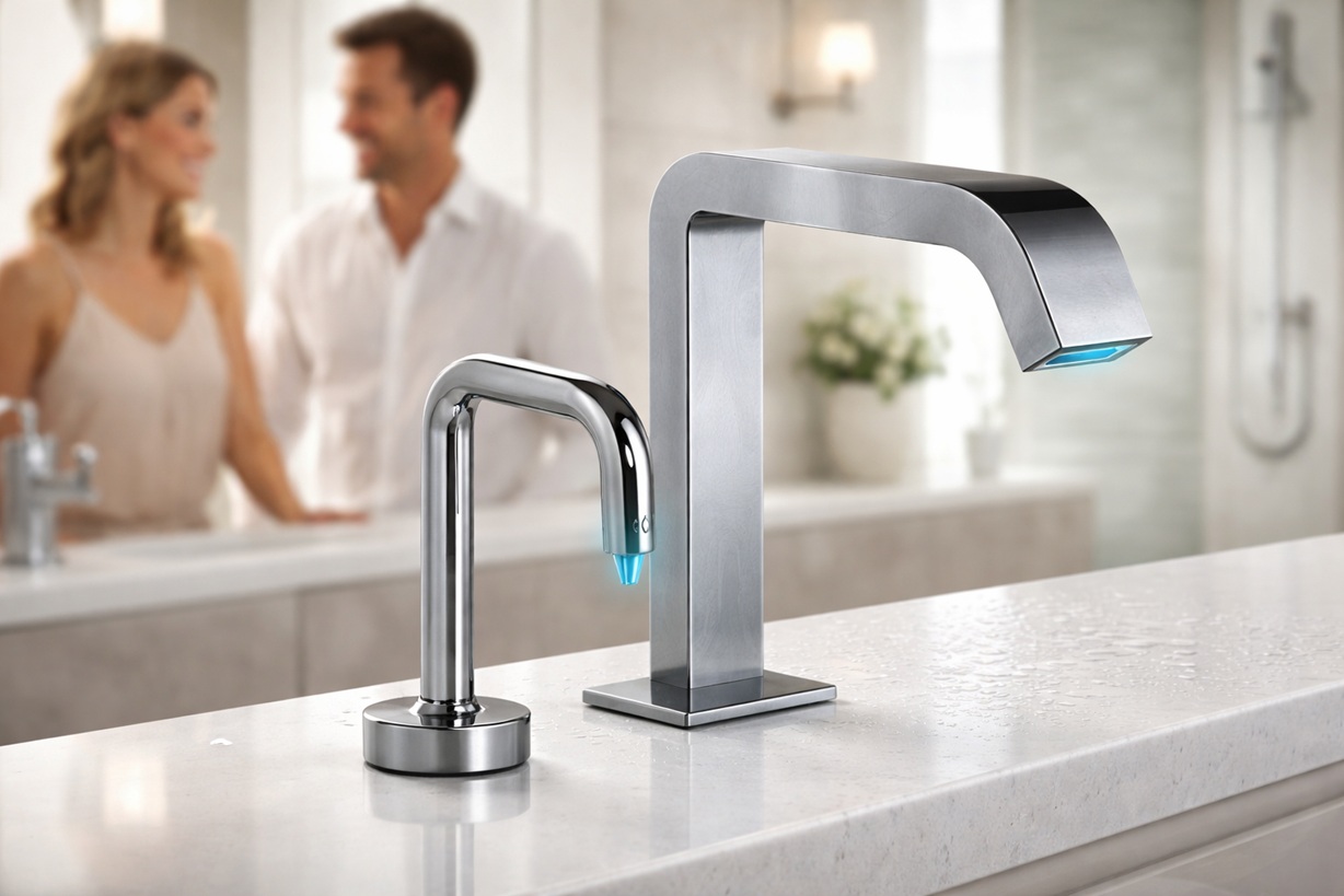 Technical close-up of a commercial touchless faucet sensor and spout profile for specification review